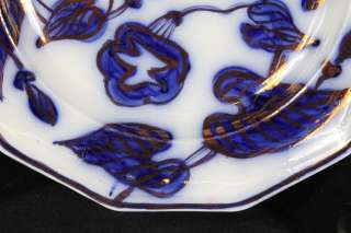   ENGLISH 1920s FLOW BLUE BRUSH STROKE OCTAGONAL GILDED FLORAL PLATES