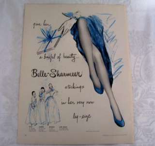 BELLE SHARMEER NYLONS,STOCKINGS,1951 FASHION AD, GREAT BATHROOM POP 