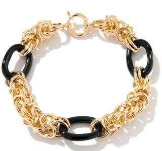 Technibond Black Onyx Byzantine Bracelet 14K Yellow Gold Clad Silver 