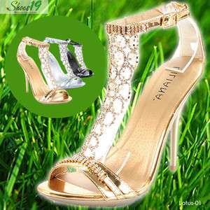 GOLD Stiletto Rhinestone High Heel Evening Sandal Shoes  