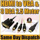 5m HDMI Male to VGA SVGA HD15 3RCA Gold Audio Video Cable Lead For 