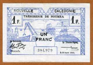 New Caledonia, 1 franc, 1943, P 55 (55a) XF+  Rare  