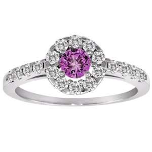 18K White Gold Halo Round Diamond & Pink Tourmaline Ring (1 cttw, H I 