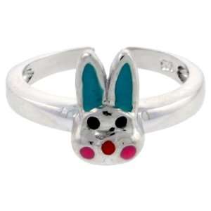  Sterling Silver Child Size Rabbit Head Ring, w/ Aqua Green 