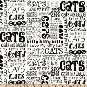  44 Wide Caterwauling Kitty Talk White/Black Fabric By 