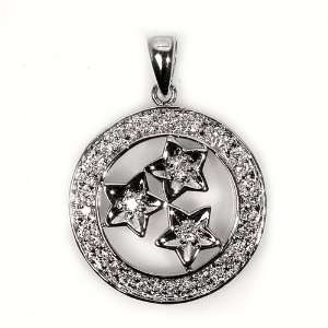  Sterling Silver Pendant   Circle With Stars   Clear Cubic 