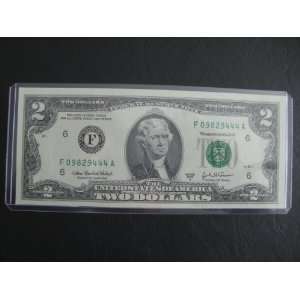   Fancy Serial Number Uncirculated $2 Two Dollar Bill Note F 09829444 A