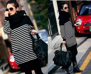 NEW black&white strips casual long sweater two pocket crew neck