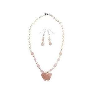  Necklace & Earrings   Pink Rose Quartz Butterfly & Pearl 