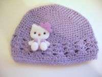 BABY CLOTHES BEANIE HAT SIZE 1 TO 5 YEARS CROCHET LAVENDER KITTY WHITE 