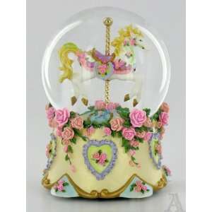    Pink Rose Carousel Horse Musical Snow Globe