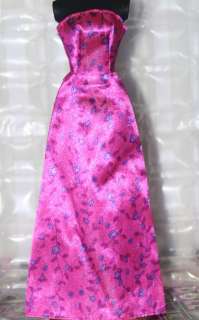 Barbie doll long pink sleeveless dress gown purple flowers on vines 