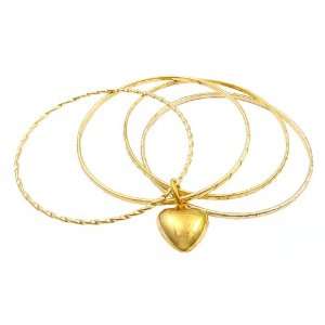 Bracelet   B224   4 Pc Bangle Set + Heart Charm (70mm) ~ Mixed Gold 