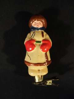   ANTIQUE GERMAN GLASS HAND PAINTED CHRISTMAS ORNAMENT GIRL w RED GLOVES