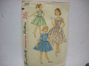 Vintage Girls Sz 10 Simplicity Dress Pattern # 1671  
