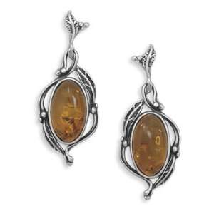   Cognac Baltic Amber Sterling Silver Vine Leaf Design Earrings Jewelry