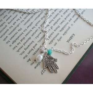  Hamsa Necklace  Pearl and Faceted Turquoise  Evil Eye 