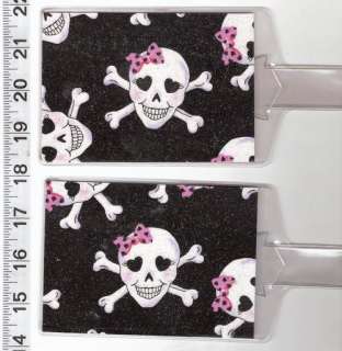 Set of 2 Luggage Tags Made w/ Girly Skull Bow Fabric  