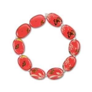  Découpage Red with Birds and Butterflies Oval Bead Strand 