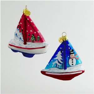   Pack of 24 Glass Sailboat with Christmas Scene Nautical Ornaments 3.5