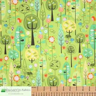   Happier Green Birds Trees Kids Cotton Quilt Quilting Fabric Yardage