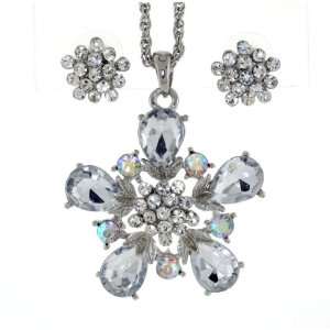 Clear Austrian Crystals Flower Shape Pendant with Rope Chain Necklace 