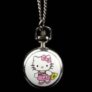 Cute Silver Tone Steel Hello Kitty Cat Fashion Pocket Watch Necklace 