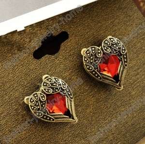 Fashion retro bronze pair red crystal heart love wing earrings  