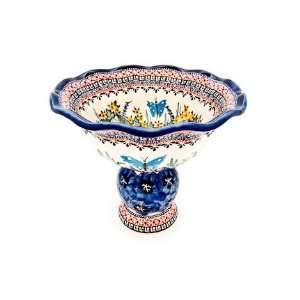   Pottery Blue Floral Butterfly Pedestal Fruit Bowl