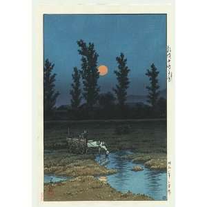 Kawase Hasui Japanese Woodblock Print; Moon at Nakanoshima, Sapporo