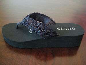 GUESS ~BLACK RUFFLE G LOGO WEDGE flip flop sandals  