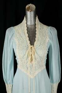 vintage 70s blue GUNNE SAX full length dress lace v neck victorian 
