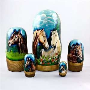  Wooden Nesting Dolls, Nested, 5 pcs/7  Horses in Love Russian 