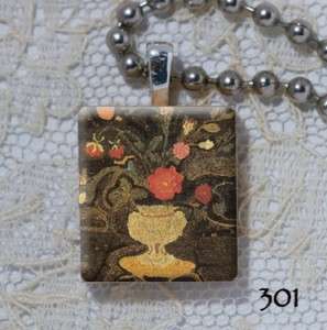 Antique Floral Urn Hooked Rug   Scrabble Charm Pendant  