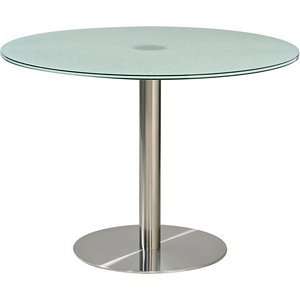 42 Round Dining Table   Crackled Glass Top and Brushed Metal Pedestal 