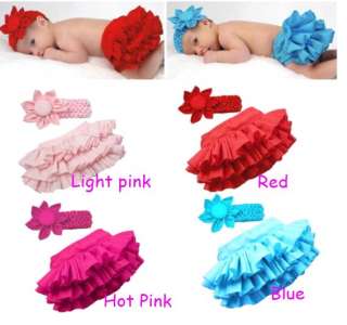 pink blue red Baby Girl Nappy Cover Skirt Headband Ruffle Pants 