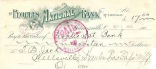 Peoples National Bank of Barnesville Ohio Check 1902  