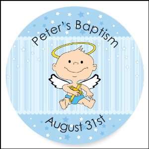  Angel Baby Boy   24 Round Personalized Baptism Sticker 