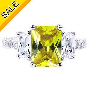   ON SALE Yellow Emerald Cut Rhodium Plated 925 Sterling Silver Ring 8