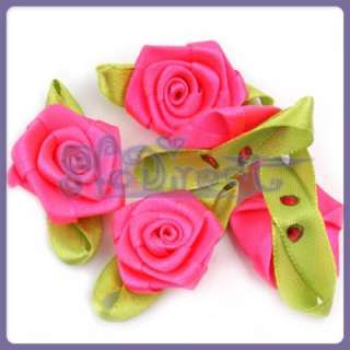 50 Pink Satin Ribbon Rose Flower Trim Applique w Leaf  