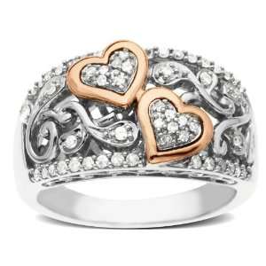 Sterling Silver and 14k Pink Gold Diamond Hearts Ring (1/4 