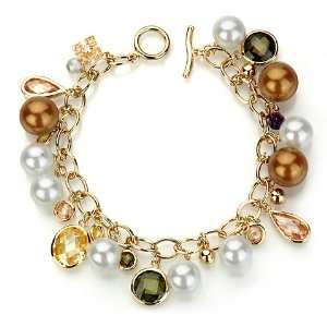  Golden & White Glass Pearl with Color CZ Dangle Bracelet 7 