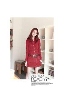 Office Ladies Slim Belted Shirt Dress, 7003L, RED, sz L  