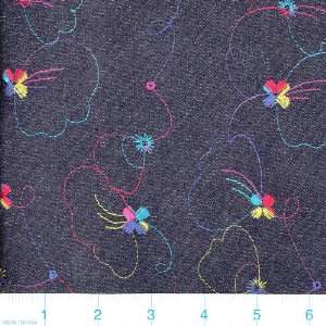  52 Wide Embroidered Denim Floral Multi Fabric By The 
