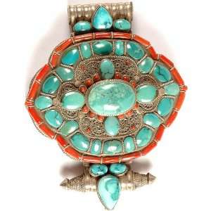 Super Large Tibetan Gau Box Pendant with Coral Turquoise and Filigree 