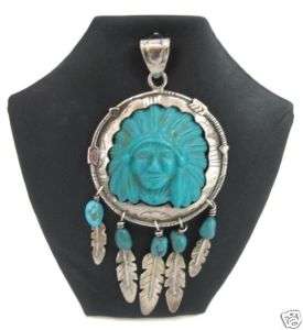 Indian Face Headdress Turquoise Sterling Silver Pendant  