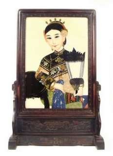Antique Chinese Reverse Painted Glass Princess Portrait  