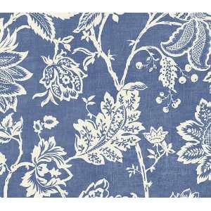    Blue and Off White Jacobean Linen Wallpaper