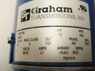Graham PM DC Motor 03298 1/2 HP 90 VDC Fr 48C 1800 Rpm  