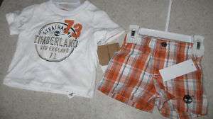 Timberland Boys Plaid Short Set Orange/White 3 6M NEW  